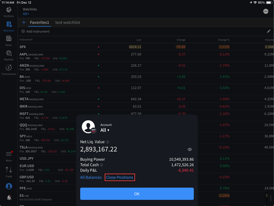 The close positions button on the iPad